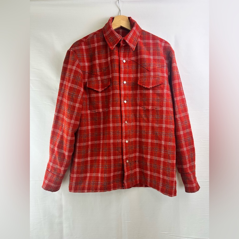 🔥 Vintage 70s Red Wool Shaket | Plaid | Pearl Snap Buttons 🔥